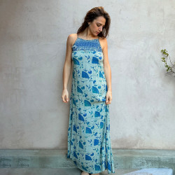 Long Dress Georgette Viscose Ginkgo Leaf Print Blue Embroidered | Fabiana Boente