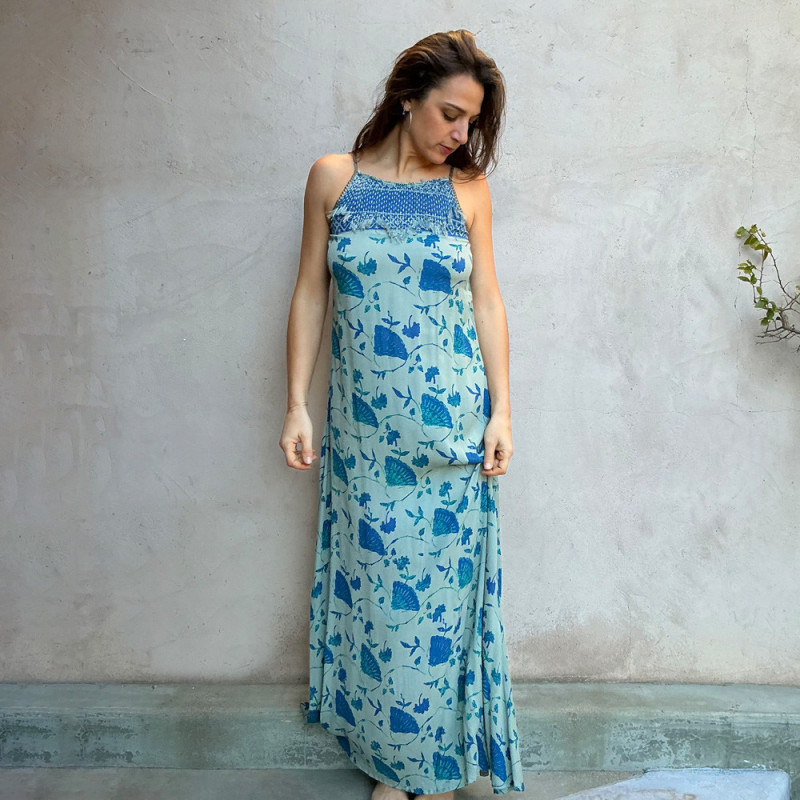Long Dress Georgette Viscose Ginkgo Leaf Print Blue Embroidered | Fabiana Boente