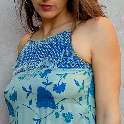 Long Dress Georgette Viscose Ginkgo Leaf Print Blue Embroidered | Fabiana Boente