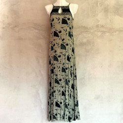 Long Dress Georgette Viscose Ginkgo Leaf Print Black Embroidered | Fabiana Boente