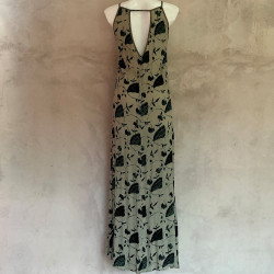 Long Dress Georgette Viscose Ginkgo Leaf Print Black Embroidered | Fabiana Boente