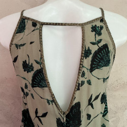 Long Dress Georgette Viscose Ginkgo Leaf Print Black Embroidered | Fabiana Boente