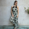 Long Dress Georgette Viscose Ginkgo Leaf Print Black Embroidered | Fabiana Boente