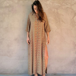 Long Chemise Tunic Dress Rayon Cloud Print Mega Mendung Red | Fabiana Boente