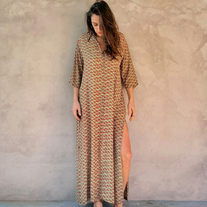 Long Chemise Tunic Dress Rayon Cloud Print Mega Mendung Red | Fabiana Boente Long Chemise Tunic Dress Rayon Cloud Print Mega Mendung Red | Fabiana Boente