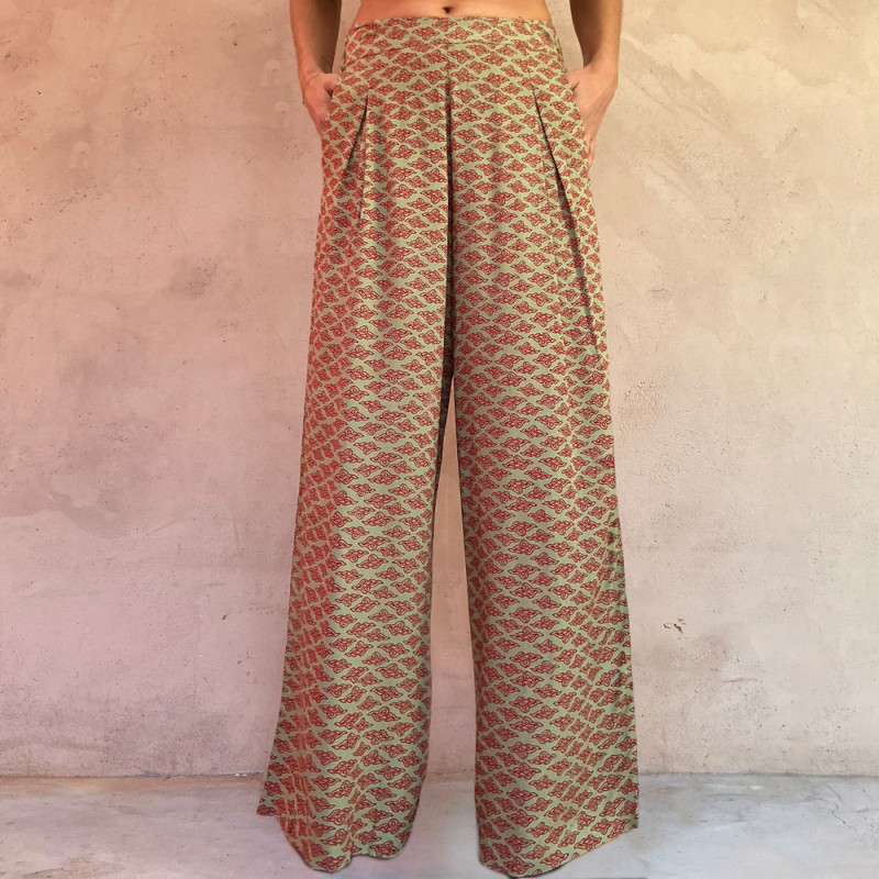 Pantalone Lungo con Stampa di Nuvole Rosse e fondo Army | Fabiana Boente