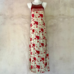 Long Dress Satin Viscose Ginkgo Leaf Print Embroidered Halter Neck