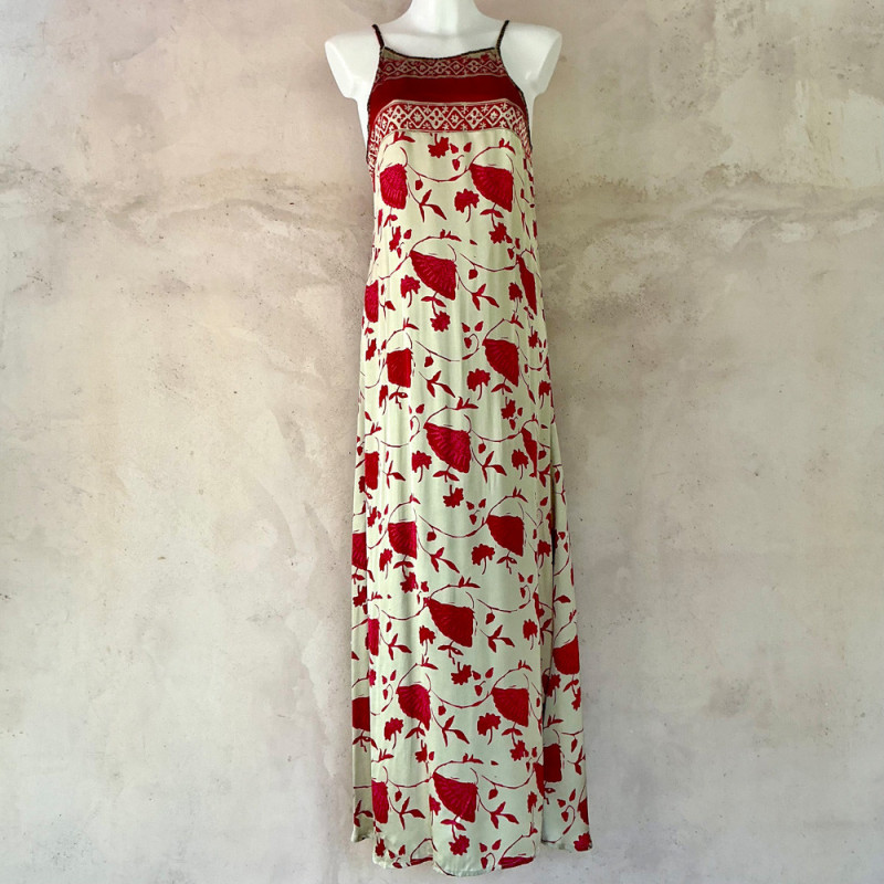 Long Dress Satin Viscose Ginkgo Leaf Print Embroidered Halter Neck Long Dress Satin Viscose Ginkgo Leaf Print Embroidered Halter Neck