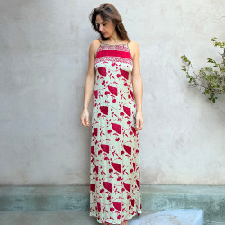 Long Dress Satin Viscose Ginkgo Leaf Print Embroidered Halter Neck
