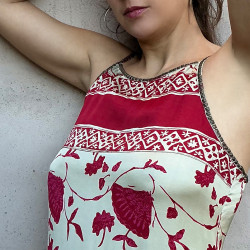 Long Dress Satin Viscose Ginkgo Leaf Print Embroidered Halter Neck