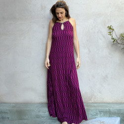 Long Dress Georgette Viscose Optical Geo Print Embroidered | Fabiana Boente