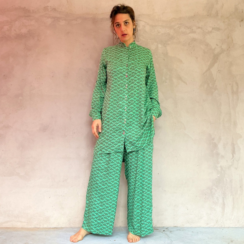 Women's Co-ord Set Chemise Pants Rayon Voîle Mint Print | Fabiana Boente Promo Women's Co-ord Set Chemise Pants Rayon Voîle Mint Print | Fabiana Boente Promo