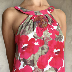 Side Slit Maxi Dress Women's - Floral Print Rayon & Brass Embroidery | Fabiana Boente
