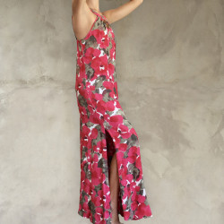 Side Slit Maxi Dress Women's - Floral Print Rayon & Brass Embroidery | Fabiana Boente