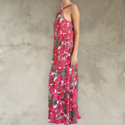 Side Slit Maxi Dress Women's - Floral Print Rayon & Brass Embroidery | Fabiana Boente