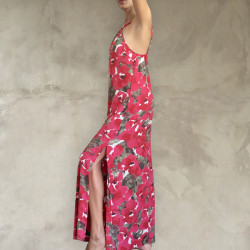Side Slit Maxi Dress Women's - Floral Print Rayon & Brass Embroidery | Fabiana Boente