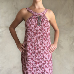 Side Slit Maxi Dress: Rayon Fujet, Floral Print & Hand Embroidery