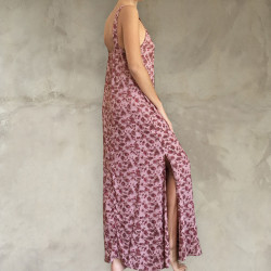 Side Slit Maxi Dress: Rayon Fujet, Floral Print & Hand Embroidery