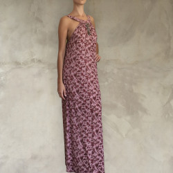 Side Slit Maxi Dress: Rayon Fujet, Floral Print & Hand Embroidery