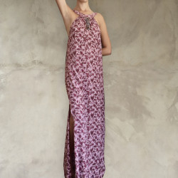 Side Slit Maxi Dress: Rayon Fujet, Floral Print & Hand Embroidery