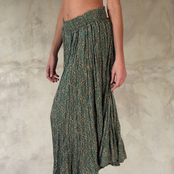 Ethnic Crinkled Midi Skirt - Turquoise Green Viscose Voile