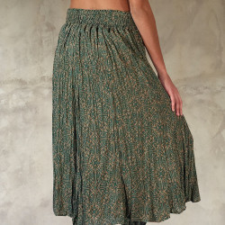 Ethnic Crinkled Midi Skirt - Turquoise Green Viscose Voile