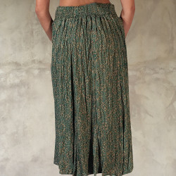 Ethnic Crinkled Midi Skirt - Turquoise Green Viscose Voile