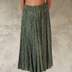 Ethnic Crinkled Midi Skirt - Turquoise Green Viscose Voile
