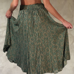 Ethnic Crinkled Midi Skirt - Turquoise Green Viscose Voile